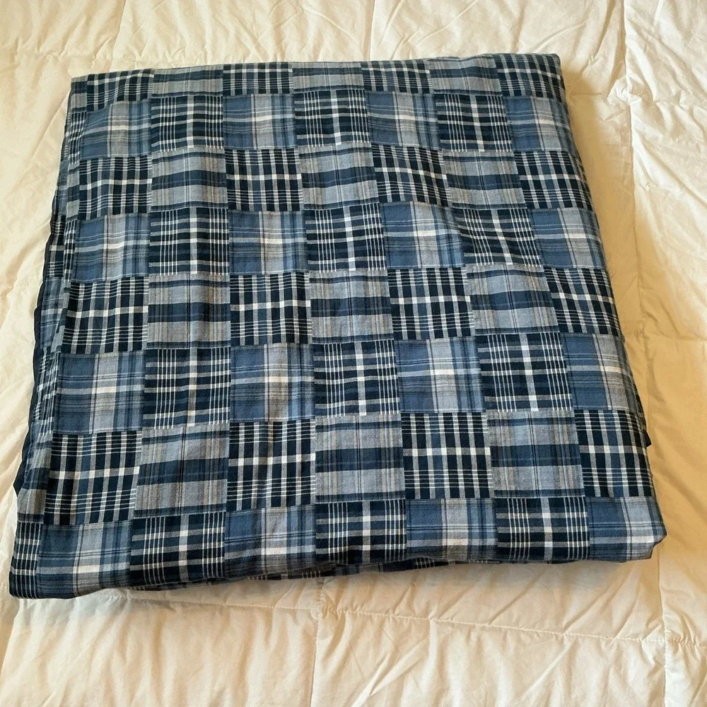 Pottery Barn Teen Full Queen Duvet Blue Madras Plaid PB Dorm 100% Cotton Classic